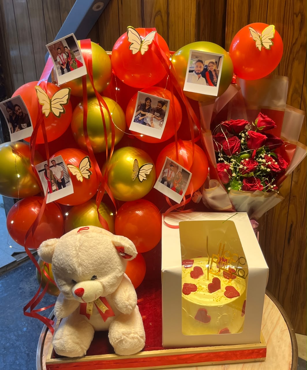 Polaroid Photo Print Balloon Decor Hamper with Plush Bear & Cake