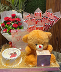 Romantic Birthday Combo with Red Roses, KitKat Bouquet, Teddy & Perfume
