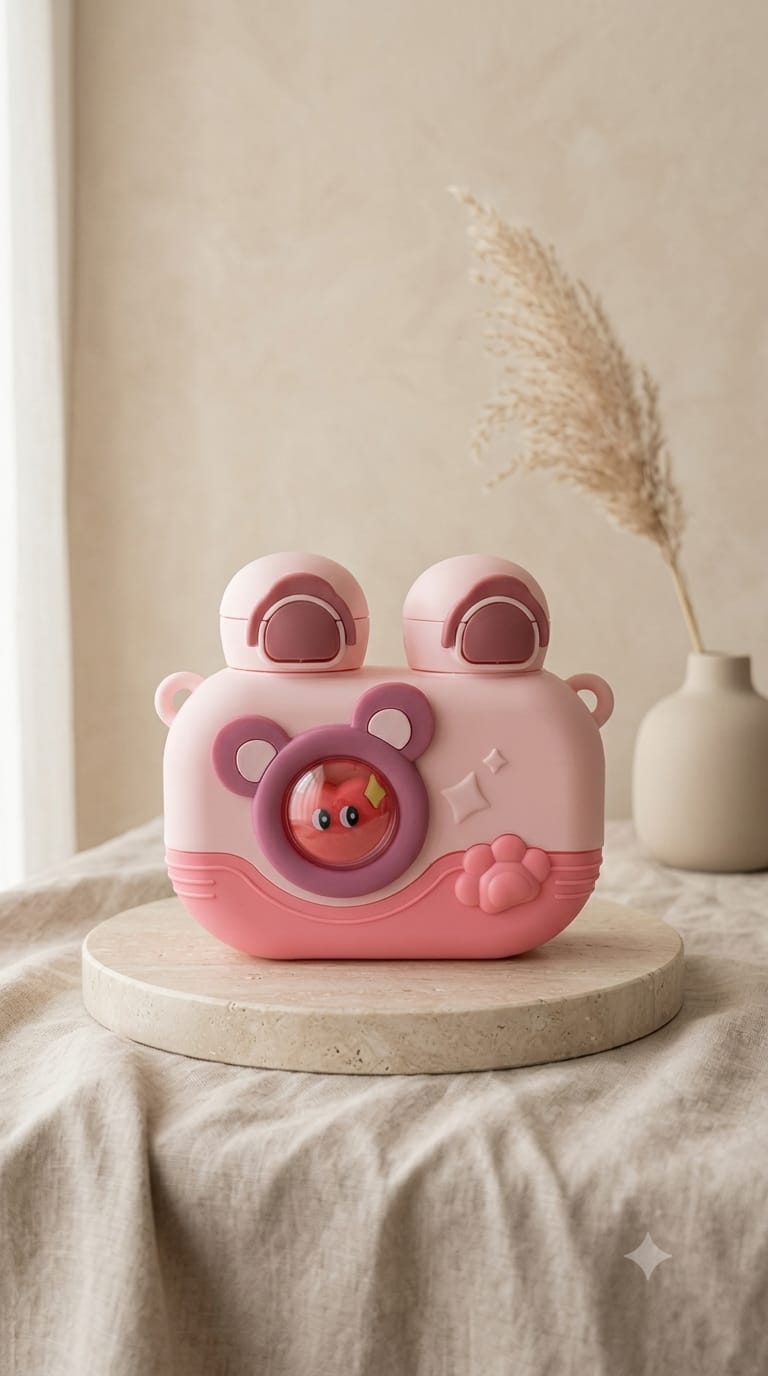 Pink Camera-Inspired Dual-Drinking Water Bottle