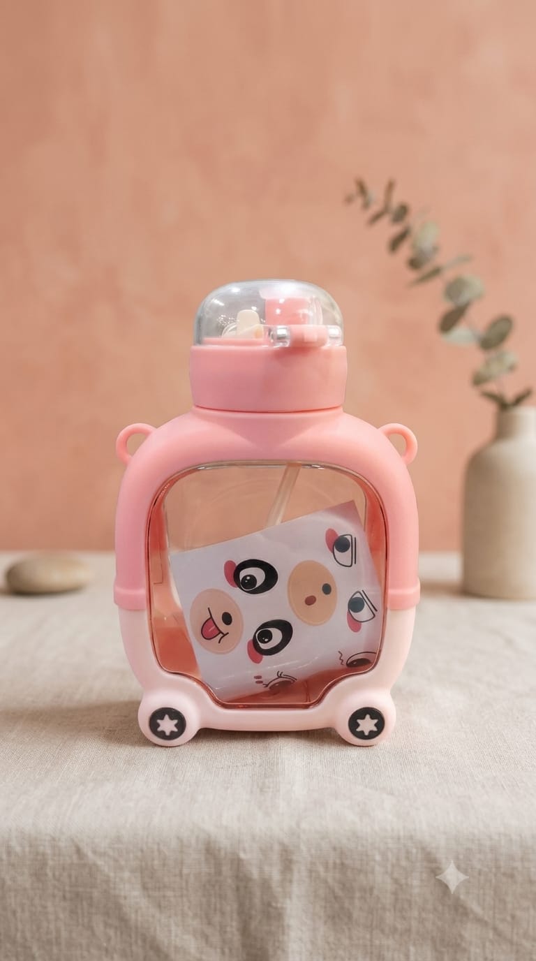Pink Car Sipper Straw Water Bottle with Wheels