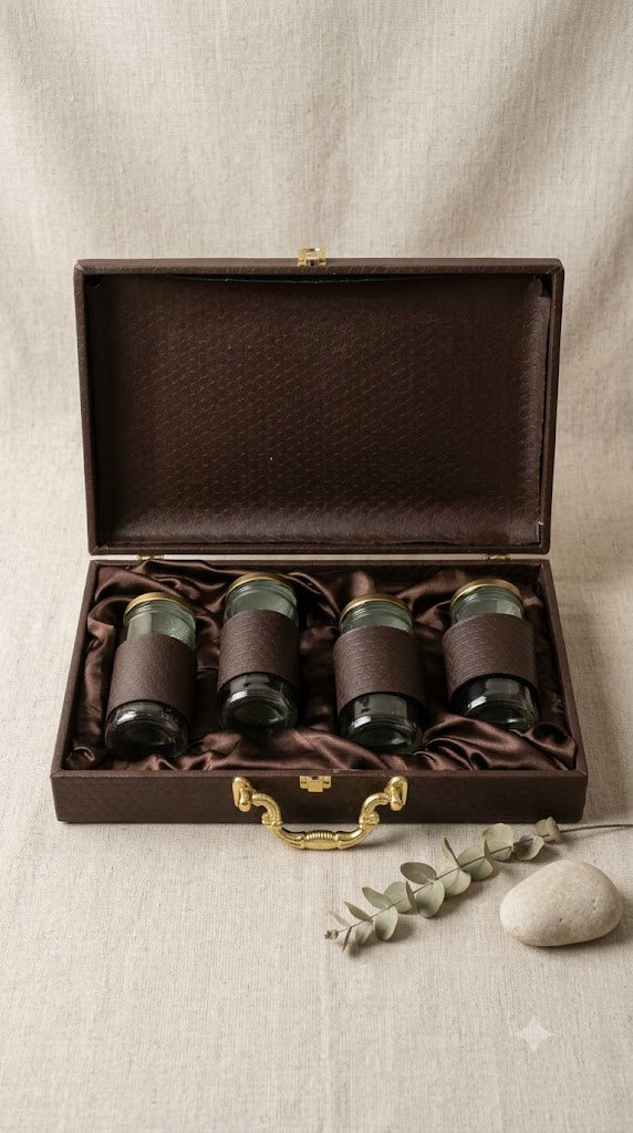 Brown Leather 4 Jar Set Box